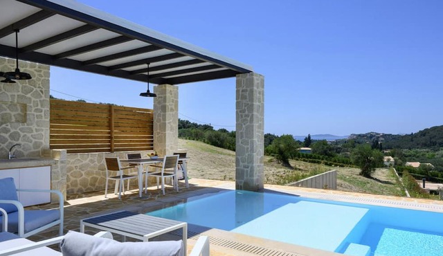 Lavish Corfu Villa | Villa Elysian View | 1 Bedroom | Spacious Furnished Terrace with Shaded Outdoor Dining Area | Private Garden, Pool and Hot Tub | Prime Location | Arillas, Mega Lithari in Corfu